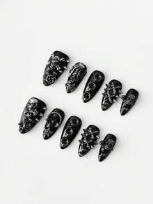ROMWE Goth 10 Pieces Of Punk Style Rivet Manicure + 3 Pieces Of Manicure Double-Sided Tape, Y2K High-Quality Black Solid Color Handmade Manicure, Retro Metal Skull Star Element Almond-Shaped Nail, Suitable For All Seasons, Suitable For Daily, Party And Dance Occasions. - Black rivets - View 3