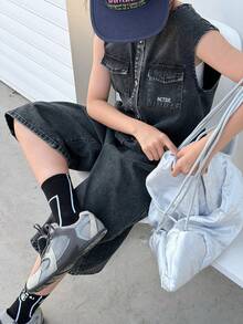 DAZY 少女圆形字母刺绣休闲牛仔背带裤和连体裤 - 灰色 - 查看 6