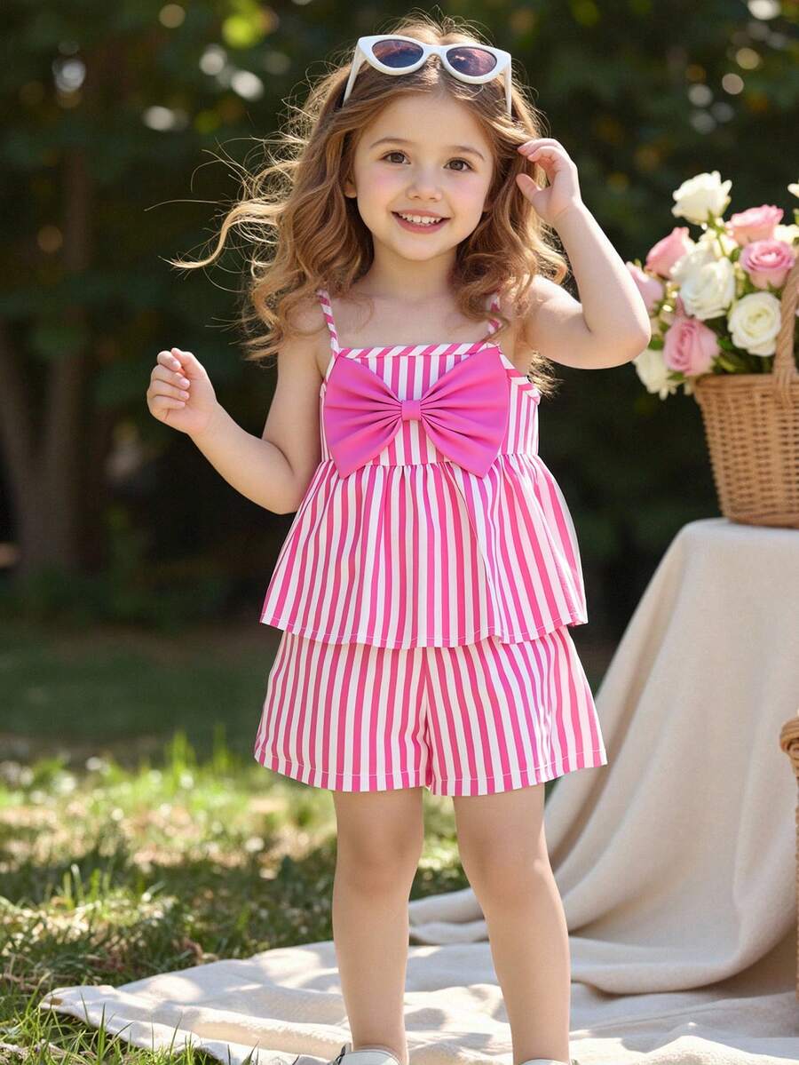 SHEIN Elladie kids 女童粉色条纹蝴蝶结装饰吊带背心和短裤套装，清爽舒适的夏季服装 - 粉色 - 查看 1