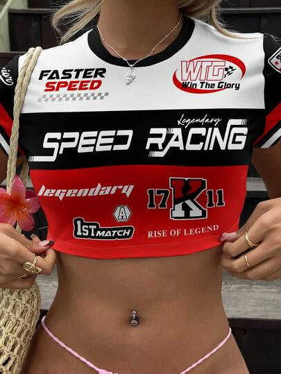 SHEIN ICON 休闲运动风赛车主题红黑撞色字母数字印花女式短款T恤，适合夏季穿着