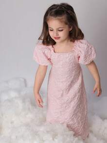 Dazy Kids Young Girl Jacquard Square Collar Petal Sleeve Dress Summer - Pink - View 4