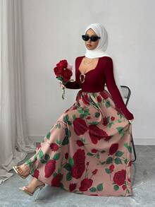 Elenzga 女士优雅浪漫复古酒红色心形领金属纽扣装饰玫瑰印花喇叭长袖修身连衣裙，春秋季 - 彩色 - 查看 4