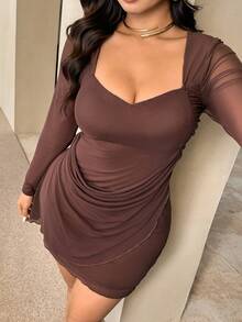 Auralis Plus Size Women's Ruched Bodycon Mini Dress,Chocolate Brown,Autumn,Elegant,Night Out Club Long Sleeve Mesh Sheer Clubwear,Formal Party Mermaid - Brown - View 3