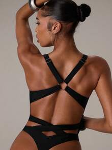 SHEIN BAE Damen Sommer Urlaubs Strand Badeanzug mit Cut-Out-Muster - Schwarz - Übersicht 7