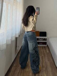 StreetHx Jeans de pierna ancha con estampado retro de estilo casual y de moda - Azul lavado oscuro - Ver 2