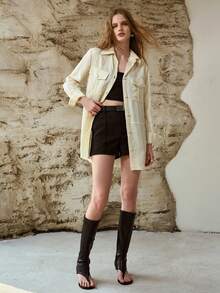 MOTF PREMIUM WOMEN'S UTILITY POCKET TIE WAIST LOOSE SHIRT - Khaki - View 6