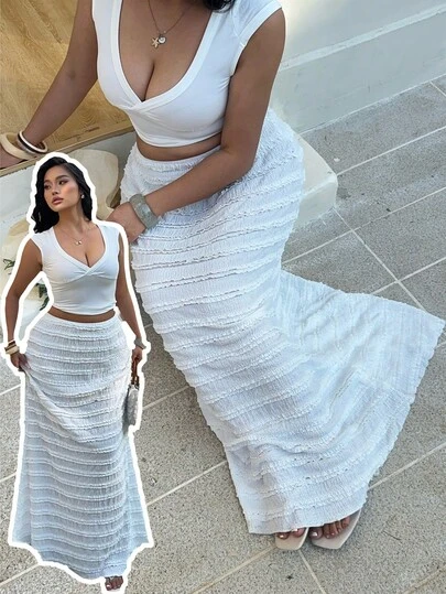 Sunnyshic Plus Size Women's White Layered A-Line Skirt, Casual Vacation Wear, Spring