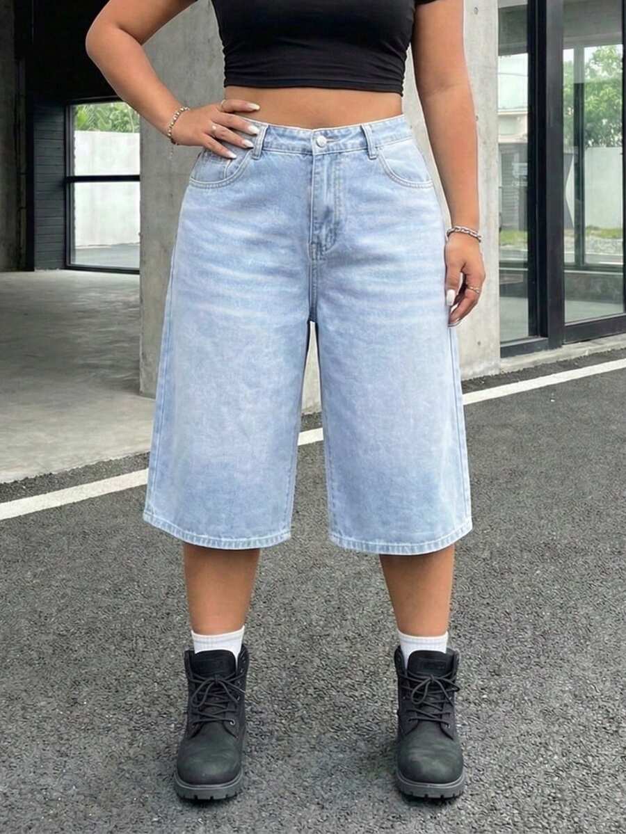 SHEIN ICON 大码夏季休闲水洗斜插口袋直筒牛仔裤 - 藍色 - 查看 1