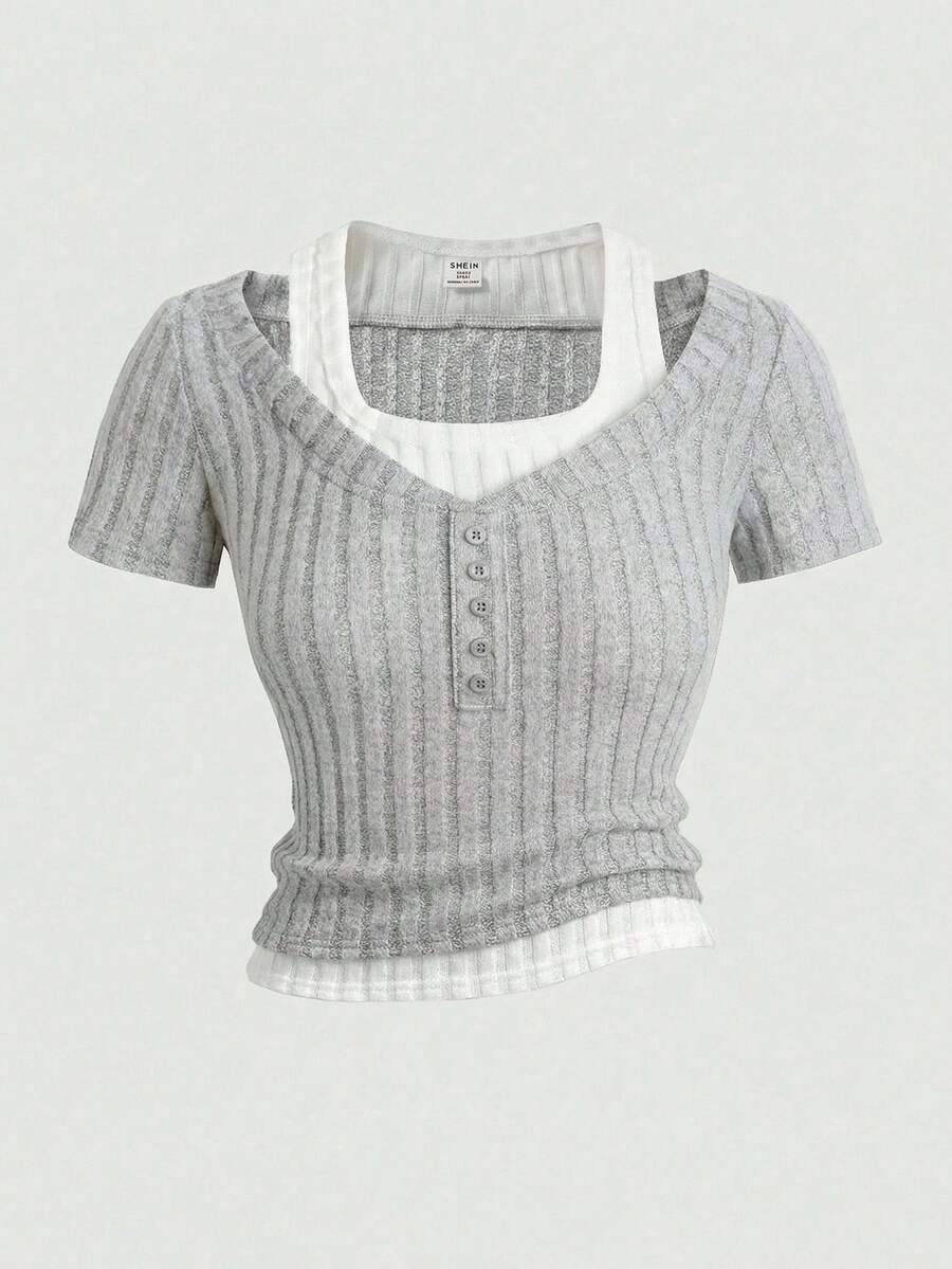 SHEIN Girlism Teen Girl Colorblock 2 In 1 Design Fitted Short Sleeve T-Shirt, Summer Knit Top, Short Sleeve Top, Ribbed Knit Top - Light Grey - View 1
