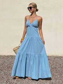 DAZY Vestido largo de mezclilla con cuello en V, sin mangas y con lazo, estilo vacacional para mujer - Lavado ligero - Ver 2