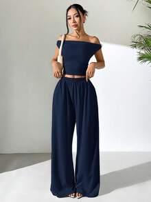 SHEIN EZwear 女士针织不对称肩部上衣和裤子休闲套装，夏季 - 藏蓝色 - 查看 4