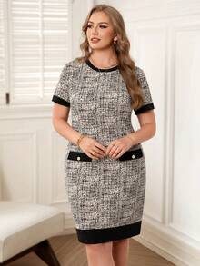Rosumi Plus Size Women's Summer Elegant Black And White Contrast Trim Plaid Print Bodycon Dress,Breathable Round Neck Short Sleeve Festa Vacation Outfits - Multicolor - View 1