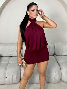Dayanna Comas Solid Color Halter Backless Ruffle Bodycon Mini Dress Short Red Dress Dark Red Dress Red Wine Dress Burgundy Dress Party - Burgundy - View 5