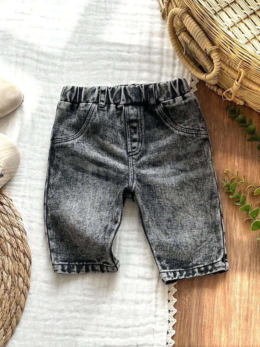 Vintaside Kids Vintage Style Newborn Baby Denim Pants,Classic Washed Blue Loose Fit Jeans With Fake Pockets,Full Elastic Waistband & Button Closure,Comfortable Retro
