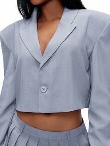 TypaGal 女士纯色单扣宽松长袖薄款西装外套 - 灰色 - 查看 3