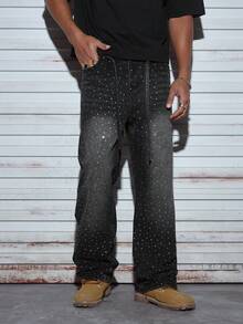 Modcrash Quần jeans nam ống đứng màu đen bóng, đính đá lấp lánh, thiết kế thời trang đường phố, dáng rộng thoải mái phù hợp mọi mùa, trang phục mùa hè, phong cách retro Mỹ, unisex, trang phục mùa hè dáng rộng – Thích hợp cho mặc hàng ngày và trang phục nghỉ hè. - màu đen - Xem 3