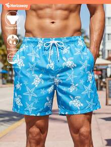 Manfinity Swimmode Men's Boho Baby Blue Beach Shorts With Turtle And Starfish Print Triangle Lining And Pockets,Hawaiian - Baby Blue - View 1