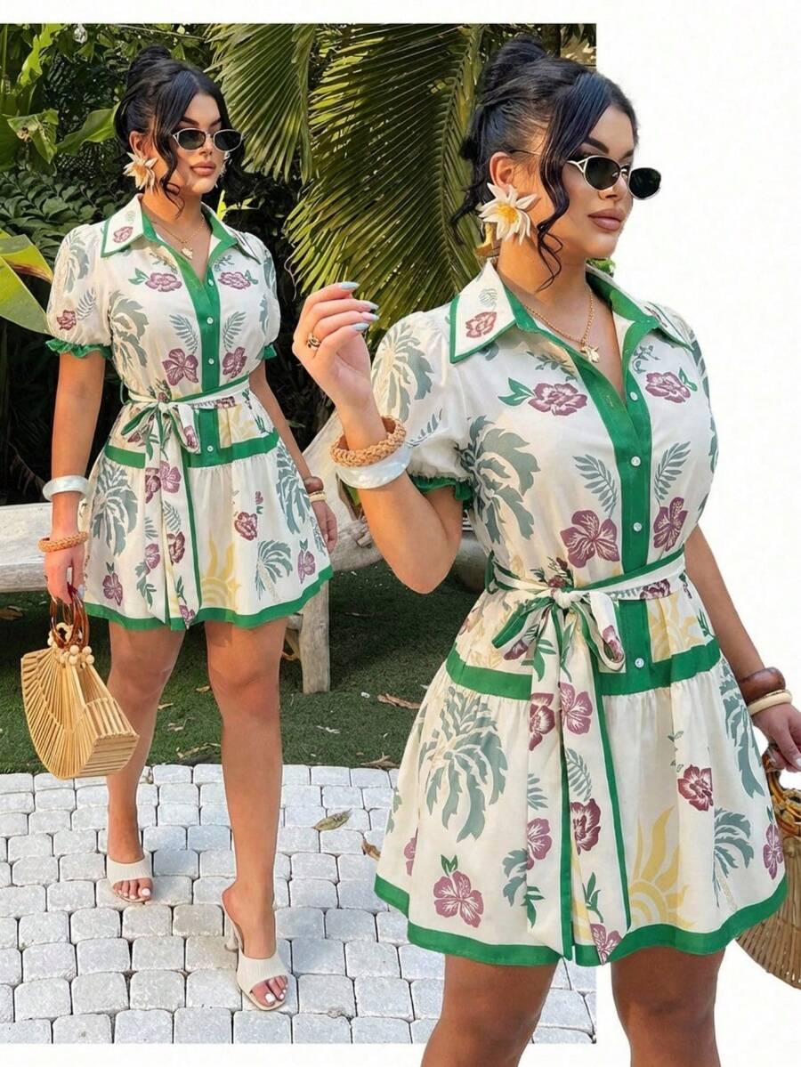 SHEIN SXY 大码热带印花纽扣休闲连衣裙 - 彩色 - 查看 1