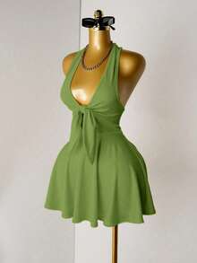 Mistrie 女士纯色露背扭结性感紧身连衣裙 - 綠色 - 查看 4