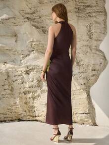 MOTF PREMIUM WOMEN'S SLEEVELESS PRINTED LONG DRESS, SPRING/SUMMER - Dark Brown - View 7
