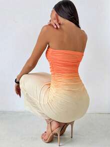 Aloruh 优雅渐变色抹胸连衣裙，休闲及派对装 - 亮橙色 - 查看 2