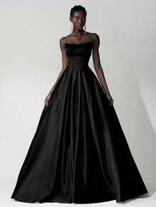 SHEIN Belle Đầm maxi nữ thanh lịch, lãng mạn màu đen bằng satin, không dây vai, phần thân trên xếp ly, dây buộc phía sau có thể điều chỉnh, đường may tinh tế, phù hợp cho tiệc tùng, sự kiện trang trọng, hẹn hò. - màu đen - Xem 6
