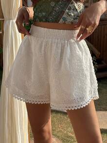 Livesso White Lace Patchwork Casual Beach Shorts For Women, Suitable For Spring & Summer, Vacation & Wedding Boho - White - View 6