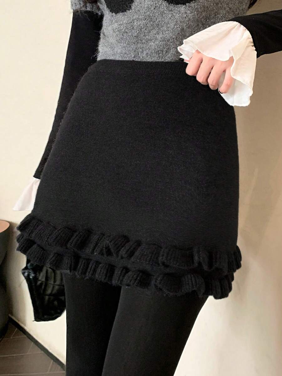 FRIFUL Women's Solid Gray Elastic Waist Fitted Ruffle Hem Knitted Bodycon Mini Skirt, Versatile Autumn/Winter - Black - View 1