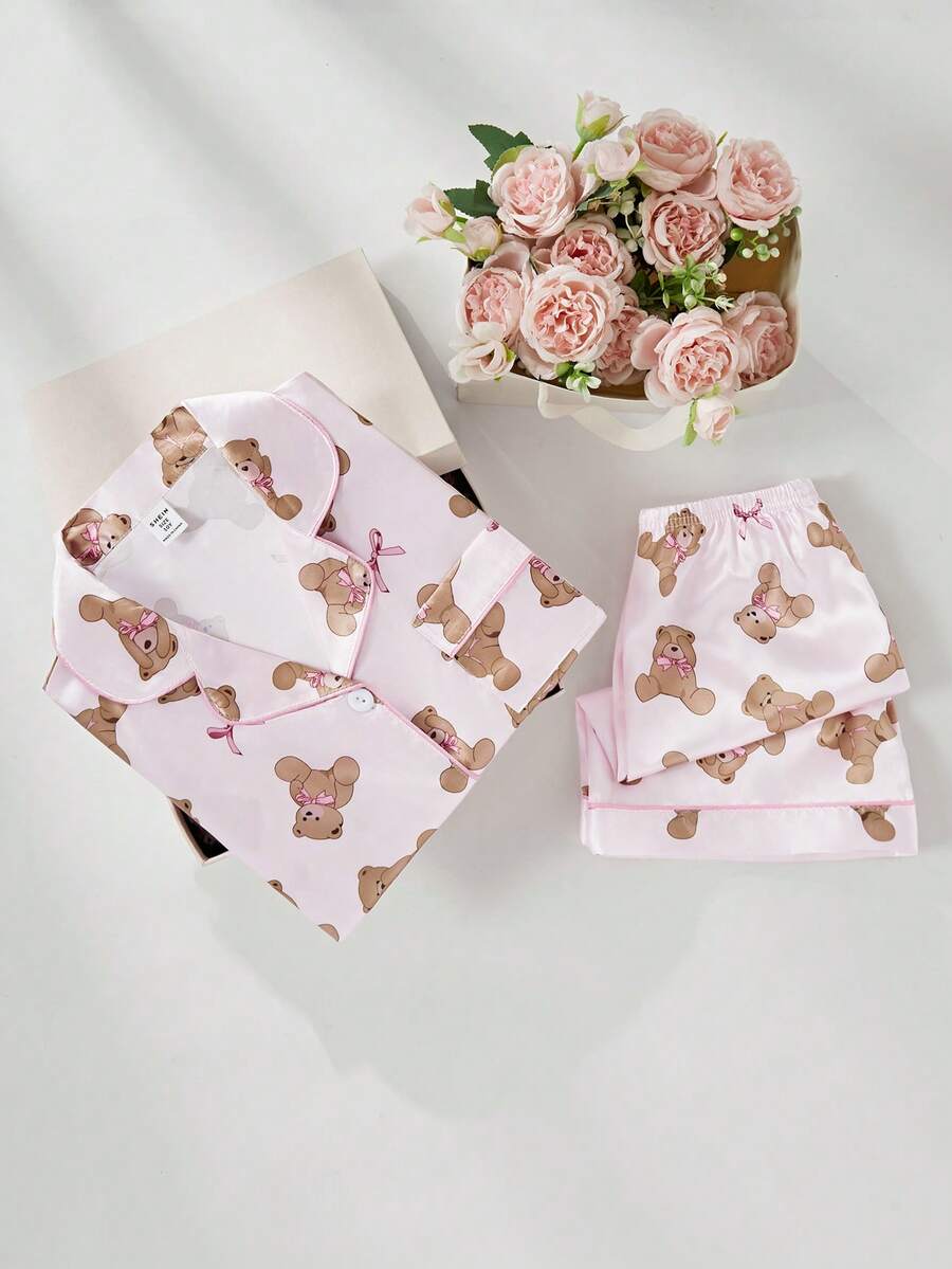 Set Piyama Musim Panas 2pcs untuk Anak Perempuan, Kasual dan Nyaman, Motif Beruang, Atasan Polo Lengan Pendek dan Celana Pendek. - Berwarna merah muda - View 1