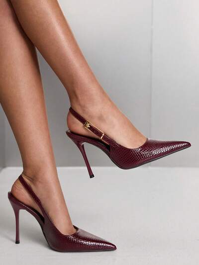 CUCCOO SZL Women's Faux Snake Skin Metallic Buckle Decor Pointed Toe High Heel Shoes, Burgundy