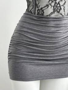Elamini Vestido casual de mujer con mangas cortas, parches de encaje y pliegues, ropa gótica de encaje, camiseta de encaje al por mayor, camiseta corset, blusas de manga corta para mujer, vestido ajustado para mujer, vestido con inserciones de encaje - Gris - Ver 7