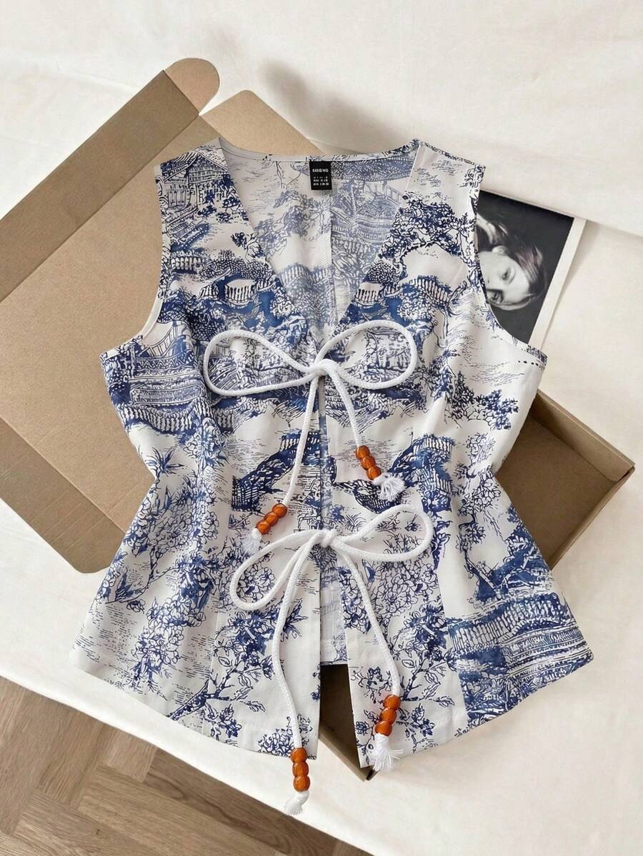 Franclia 女士全印花V领系带无袖优雅薄款西装外套 - 藍白色 - 查看 1