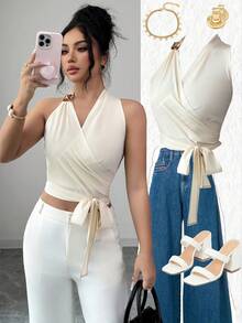 SHEIN Elenzya 1pc Tie Front Crop Halter Top - Apricot - View 1
