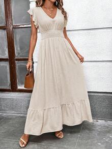 SHEIN Clasi Women's V-Neck Cap Sleeve Flare Sleeve Cinched Waist A-Line Khaki Solid Textured Fabric Elegant Everyday Casual Dress, Spring/Summer Summer Dress Elegant Long Dress Vacation Dresses Long Dress, Ruffled Sleeves, A-Line Silhouette, Textured Fabric, Light Khaki, Solid Apricot, Spring/Summer Women's Wear. - Khaki - View 4