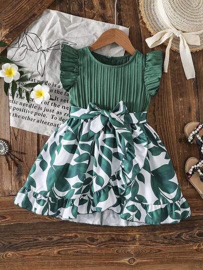 SHEIN 女童舒适休闲荷叶边连衣裙，配腰带，夏季必备连衣裙，面料柔软透气，适合外出、摄影、运动及各种场合。