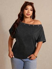 Elaquor 大码女式休闲斜肩日常穿着中袖T恤 - 黑色 - 查看 5