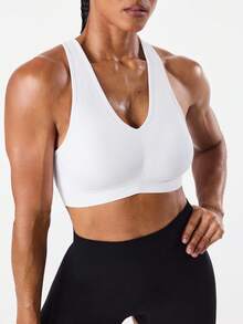 SHEIN Sports 女士纯色褶皱运动文胸 - 白色 - 查看 5