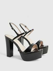 CUCCOO LuxiPop 女士黑色漆皮粗跟防水桌椅搭扣凉鞋，露趾绑带高跟鞋，性感甜美街头风舞会派对鞋 - 黑色 - 查看 3