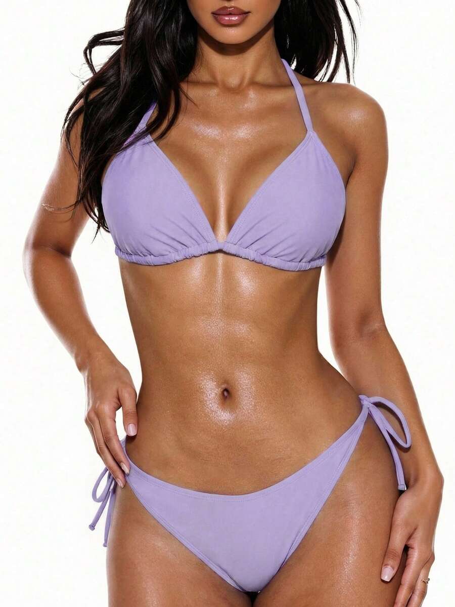 Swim Basics 素色抓皺掛脖扭轉前胸比基尼泳裝 - 淡紫色 - 查看 1