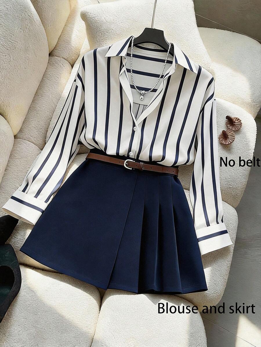 SHEIN PETITE CURVE Plus Size Women Long Sleeve Collared Shirt And Skirt Set - Navy Blue - View 1