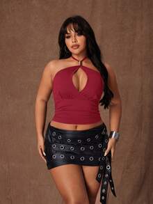 Rustia 大码女式复古浪漫大胆前卫学院风可爱度假派对酒吧百搭性感炸弹金属环镂空领口系带露背吊带背心，适合情人节、返校季、假期、感恩节、音乐节、日常穿着、春夏 - 酒紅色 - 查看 4