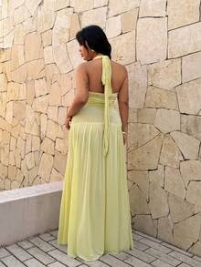 Rustia Plus Size Women's Deep V-Neck Halter Tie Ruched A-Line Flowy Elegant Vintage Maxi Dress, Suitable For Party, Beach, Holiday, With Ruffle Hem And Metallic Starfish Decor - Yellow - View 2