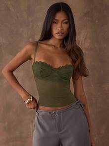 SHEIN BAE 女士纯色吊带蕾丝修身性感露脐背心，夏季 - 軍綠色 - 查看 5