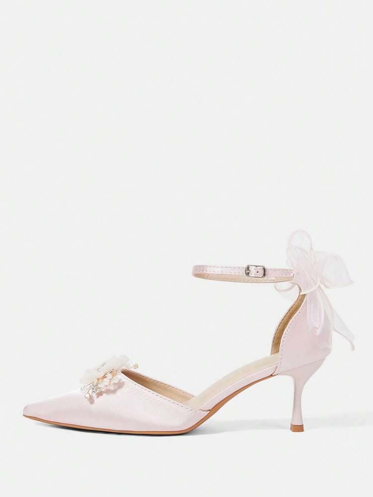 CUCCOO HITCHD Women Shoes Spring And Summer New Fairy Flower Pearl Rhinestone Decoration Pointed Toe Thin Heel Bow Buckle 6cm Women's High Heel Shoes Elegant Satin Wedding Dating Solid Color Daily Gentle Versatile
