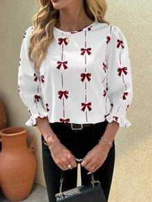 SHEIN Clasi 黑白印花圆领修身中长款女式衬衫，适合夏季、春季、教师穿着，也可作为教师服装、度假装、乡村风服装或夏季女装。 - 紅白色 - 查看 3