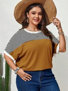 EMERY ROSE Áo thun tay cánh dơi kẻ sọc dành cho nữ cỡ lớn, thích hợp cho mùa xuân. - Màu vàng - Xem 6