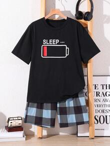 SHEIN Bộ đồ ngủ mùa hè 2 món cho bé trai tuổi teen, gồm áo thun trơn rộng rãi và quần short kẻ caro, chất liệu dệt kim. - Nhiều màu - Xem 2