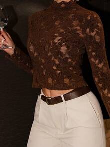 Bris Aura 1pc Women's Solid Color Elegant Long Sleeve Hollow Out Stretchy T-Shirt - Brown - View 4