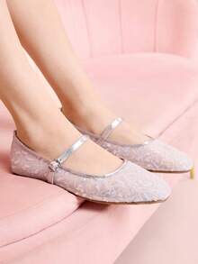 CUCCOO DOLLMOD Women's Shoes Silver Mesh Embroidery Decorative Flat Bottom Mary Jane Spring Shoes - silver white - View 4