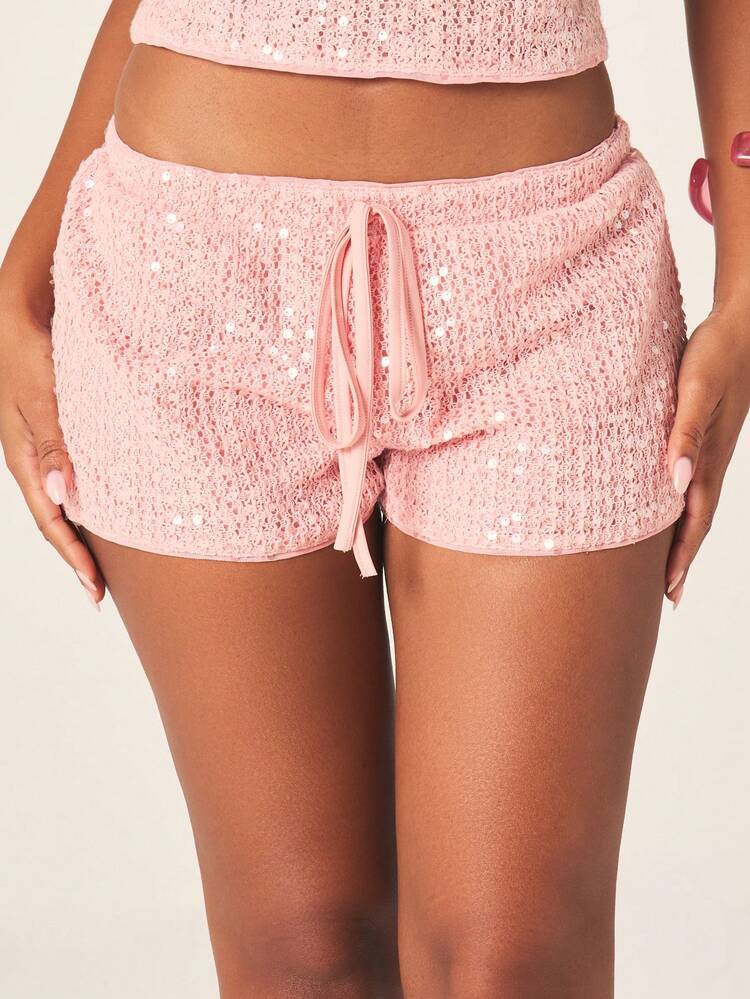 MISSGUIDED Sparkly Sequin High Rise Drawstring Shorts With Tie Detail Summer Festival Party Outerwear Bottoms